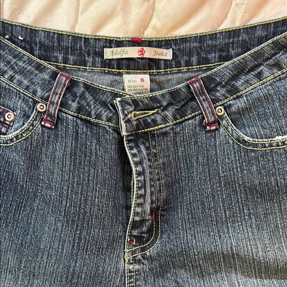 VINTAGE Y2K low/mid rise bootcut jeans with green and red accent stitching